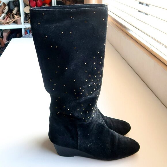 Anthropologie Matiko Black Suede Leather Gold Stud Wedge Heel Tall Boots Size 7 - Picture 2 of 13